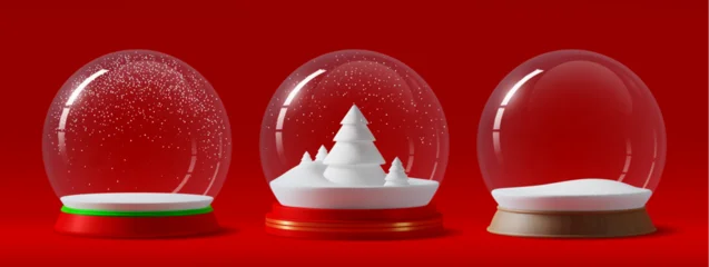 Fototapeten Pony 3d glass snow balls with winter fir trees and snowy hills. Vector realistic Christmas snowball globes, New Year holiday snow balls decorations with glossy transparent glass domes and round bases  © Buch&Bee