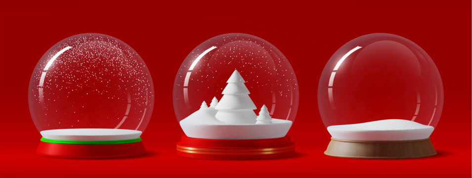 3d glass snow balls with winter fir trees and snowy hills. Vector realistic Christmas snowball globes, New Year holiday snow balls decorations with glossy transparent glass domes and round bases