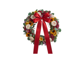 Red Ribbon Tied Floral Wreath with Sunflowers and Roses isolated on a transparent background