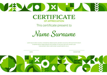 Ecology environment business certificate with geometric pattern and green shapes. Vector modern environmental diploma of appreciation layout template with abstract modular motif and natural elements