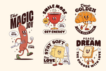 Fototapeta premium Funny breakfast groovy characters stickers and t shirt prints, cartoon vector. Breakfast sausage with croissant and coffee groovy characters, funky toast bread and butter with happy smile on face