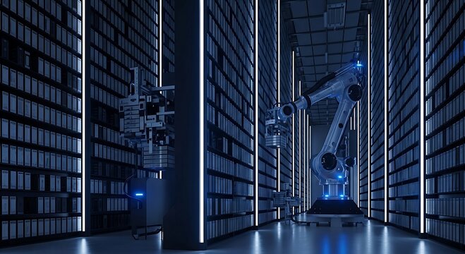 Futuristic Robotic Arm in a Dark, Neon-Lit Server Room with Data Racks. - Powered by Adobe