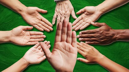 Hands of unity and togetherness forming a circle, emphasizing cooperation and global connectivity in art projects or company branding initiatives, ideal for representing balanced teamwork and.