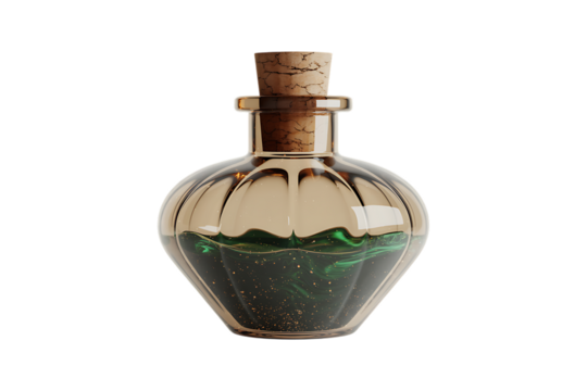 Glass Potion Bottle with Green Liquid and Cork Stopper isolated on a transparent background