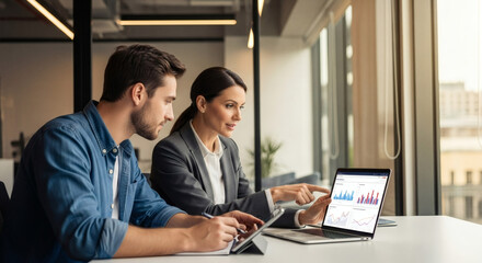 Modern team analyzes financial data on laptop, strategizing for business growth and making data driven decisions in bright office, fostering collaboration