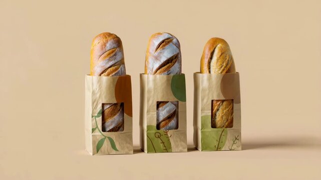 Three baguettes in paper bags with window cutouts, bread loaves on neutral beige background, bakery packaging design with botanical pattern, baked baguettes arranged upright for display
