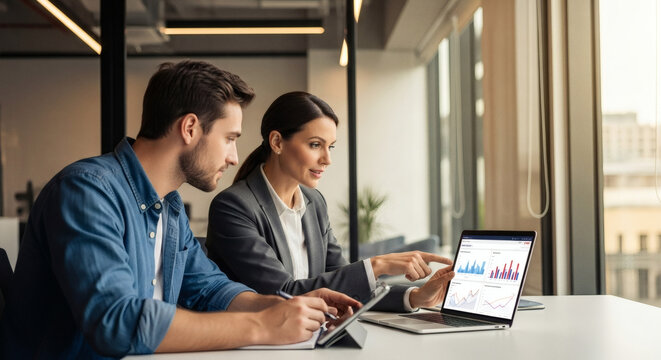 Modern team analyzes financial data on laptop, strategizing for business growth and making data driven decisions in bright office, fostering collaboration