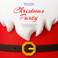 3D Christmas party invitation with festive Santa Claus costume red background, fluffy white beard and golden belt buckle. Winter holiday party vector flyer for Christmas entertainment with Santa beard
