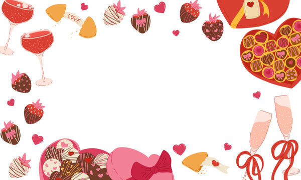 Valentine&rsquo;s Day horizontal banner with chocolate candies, strawberries, champagne glasses and hearts around empty center frame. Vector illustration for cards, posters, packaging, invitations