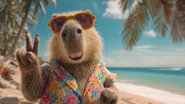 cute capybara wearing Hawaii shirt at tropical beach	
