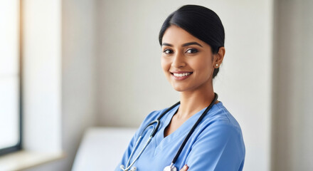Compassionate young doctor smiling radiantly, ready to provide healthcare, a comforting presence for medical needs and wellness in a modern hospital setting