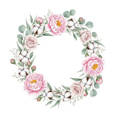 A delicate watercolor wreath with pink peonies, roses, and cotton on a transparent background with copy space. Romantic and festive celebration concept