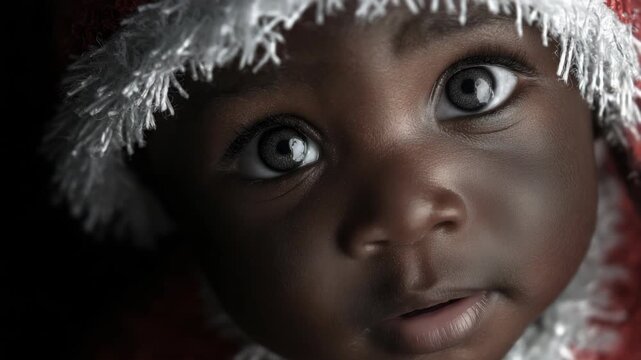 close up cute black African baby face wearing part hat for Christmas	
