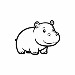 Cute cartoon baby hippo illustration in black and white line art style.