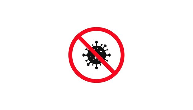 A simple graphic of a coronavirus symbol within a red, circular "no" sign, against a stark white backdrop