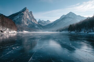 Scenic winter landscape of a frozen lake surrounded by snow-covered mountains. Icy alpine valley in bright daylight. Cold nature background