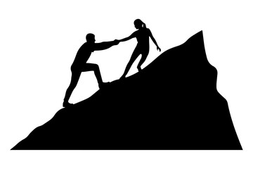 Determined climbers helping each other ascend a steep mountain, a powerful symbol of unwavering teamwork, mutual support, and conquering life's challenges in unity