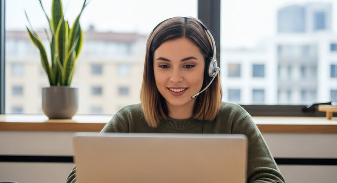 Smiling woman wearing headset, working from home on laptop near window, offering customer service and support, creating a positive and productive work environment