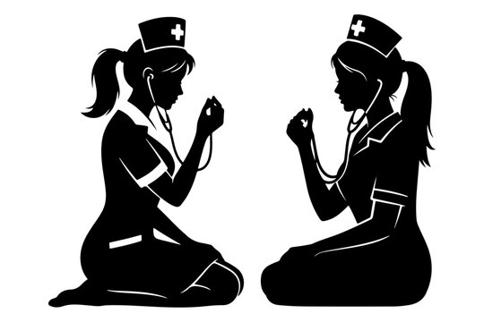Black and white silhouettes of two dedicated female nurses kneeling with stethoscopes, symbolizing compassionate care and the medical profession