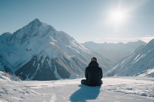 Solitude on a mountain top. A person sitting in the snow and looking at a vast winter alpine landscape on a sunny day