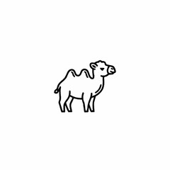 Simple black and white line art illustration of a camel standing.