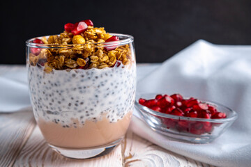 Healthy Chia Seed Pudding Parfait with Granola and Pomegranate