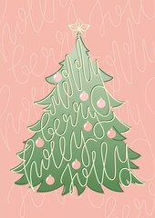 Merry Berry Holly Jolly greeting card with handwritten lettering in Christmas tree. Vector illustration