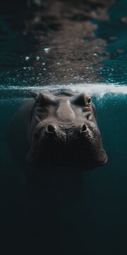 Hippopotamus face emerging from dark water