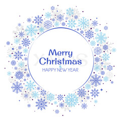 Christmas round border greeting card with snowflakes and sign. Vector illustration