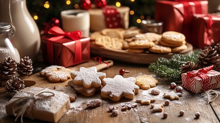 Festive holiday table with beautifully arranged cookies, wrapped gifts, and decorative elements, creating a warm and inviting atmosphere for celebrations