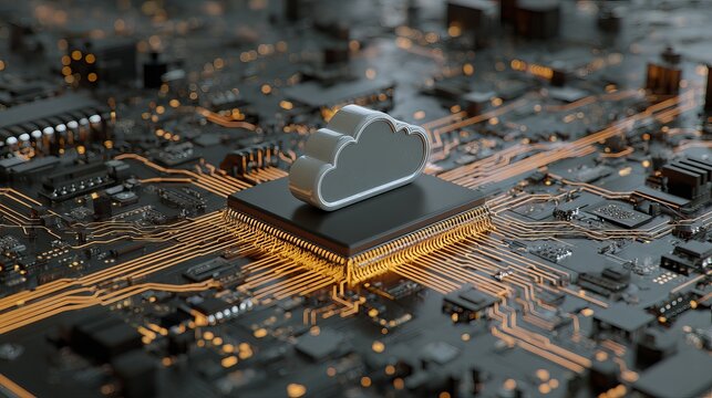 Modern cloud computing concept with a sleek metallic cloud resting atop a CPU, representing data storage and connectivity in advanced technology - Powered by Adobe
