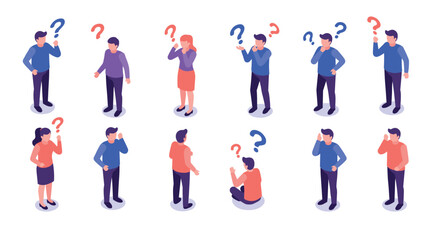 Diverse group of people pondering with question marks in isometric style