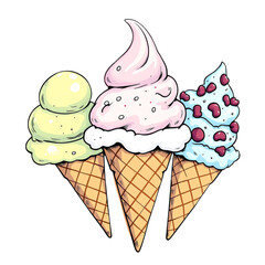 Three colorful ice cream cones with various toppings, handdrawn illustration isolated on transparent background