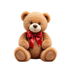 Cute brown teddy bear with a red bow tie, sitting peacefully, isolated on transparent background
