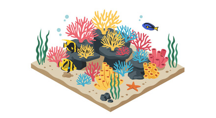 Colorful marine life in isometric coral reef scene with tropical fish and sea plants
