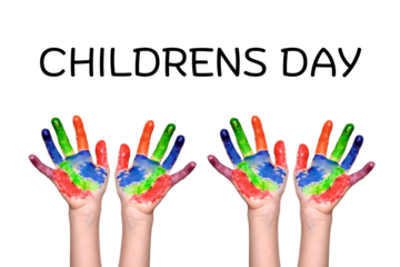 Happy Children's Day Banner with Four Colorful Painted Hands