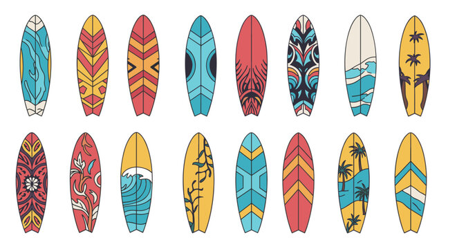 Colorful surfboard collection with unique tribal patterns and ocean motifs in flat design