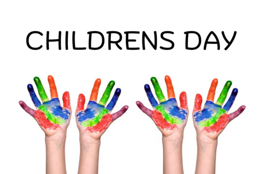 Happy Children's Day Banner with Four Colorful Painted Hands