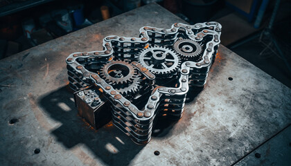 Industrial Christmas Tree Made from Bicycle Chains and Gears on Metal Workbench