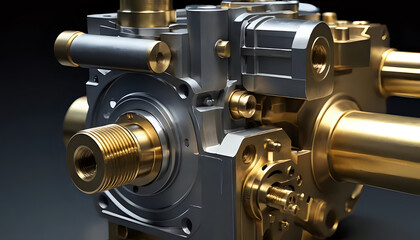 Detailed view of a complex metallic industrial pump mechanism