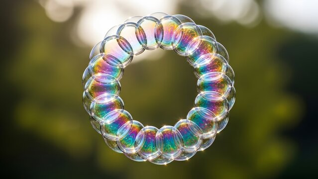 Iridescent Soap Bubble Ring Formation Against Natural Green Background perfect for Science and technology publications, environmental reports, art and design