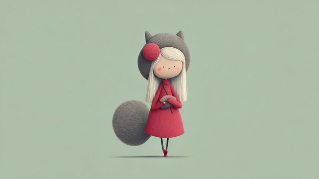 cute animation a fox girl in red inter coat minimal cartoon style 