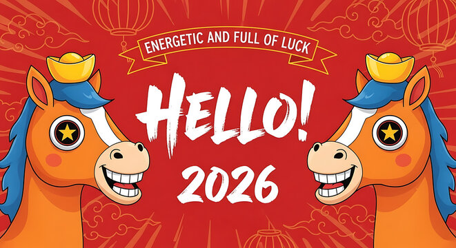 Vibrant cartoon horses extend a warm welcome to the prosperous Year of the Horse in 2026, symbolizing energetic blessings and good fortune for an auspicious new beginning and celebration