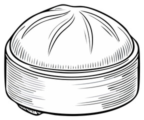 Traditional Asian Steamed Bun in Bamboo Dim Sum Steamer Basket Line Art Drawing