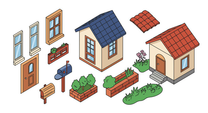 Charming isometric home elements with garden accents in bright colors