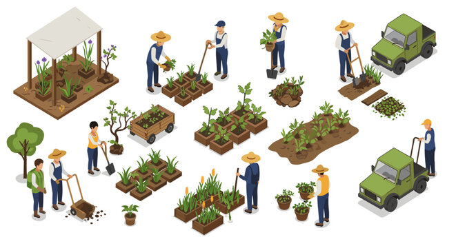 Isometric community gardening activities with people in urban farm setting