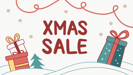 Christmas sale poster design with big red text ‘XMAS SALE’, wrapped gifts, ribbon elements, and white snowy background
