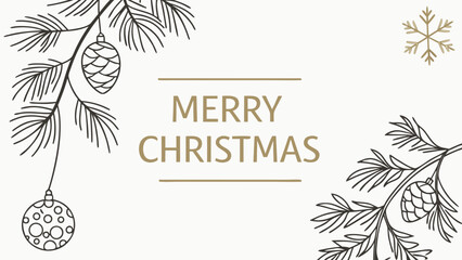 Minimalist Christmas poster with white background, golden typography ‘Merry Christmas’, elegant pine branches and ornaments design, clean layout, modern style