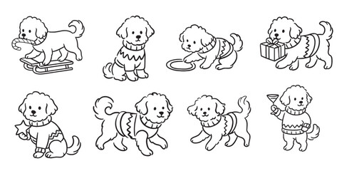 Cute Winter Puppy Line Art Clipart | Christmas Dog Illustration Set | Cozy Holiday Pet Drawing