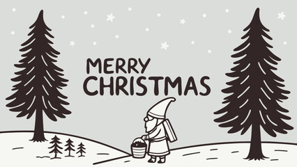 Nordic Christmas poster with simple gnome illustration, pine trees, and rustic typography, minimalist Scandinavian design